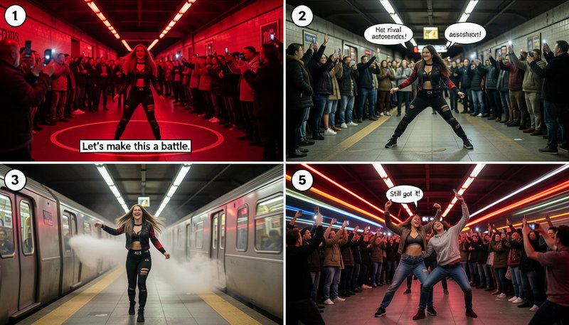 Four panel AI meme following an impromptu dance battle on a crowded subway station platform