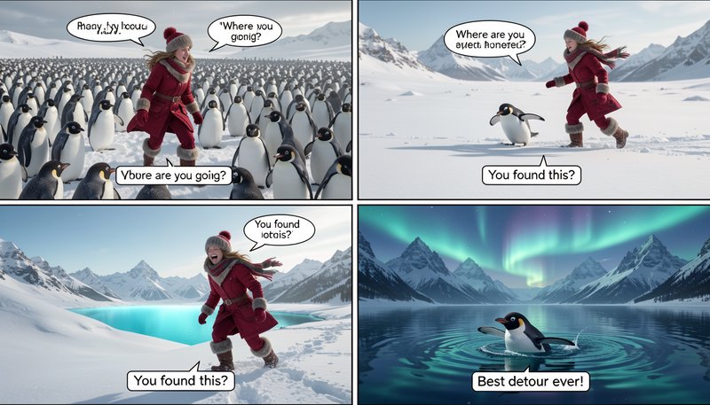 Four panel AI-generated comic showing a hiker and penguin on a silly snowy arctic adventure