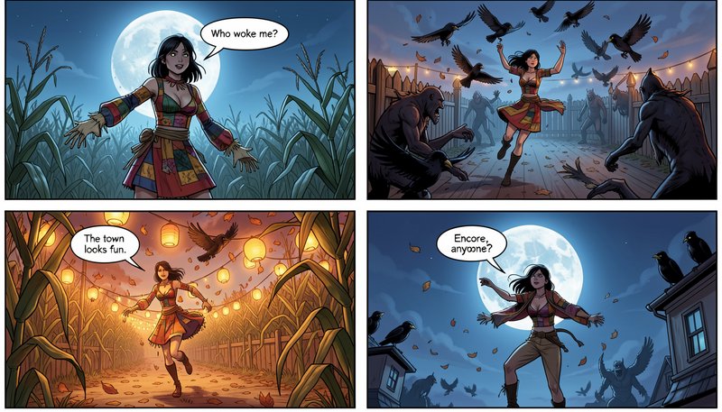 Four panel fantasy comic following an awakened patchwork scarecrow woman startling monsters under...