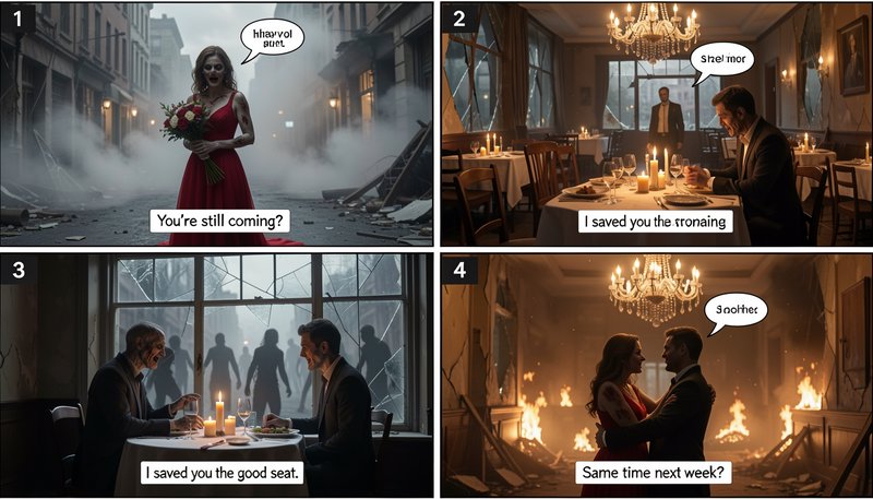 Four panel AI generated meme comic following a couple on a chaotic date during a zombie apocalypse
