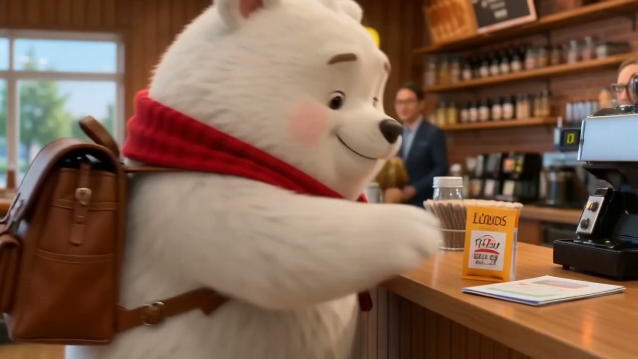 Cute fluffy white animated bear with red scarf and backpack orders at a sunlit cozy coffee shop c...