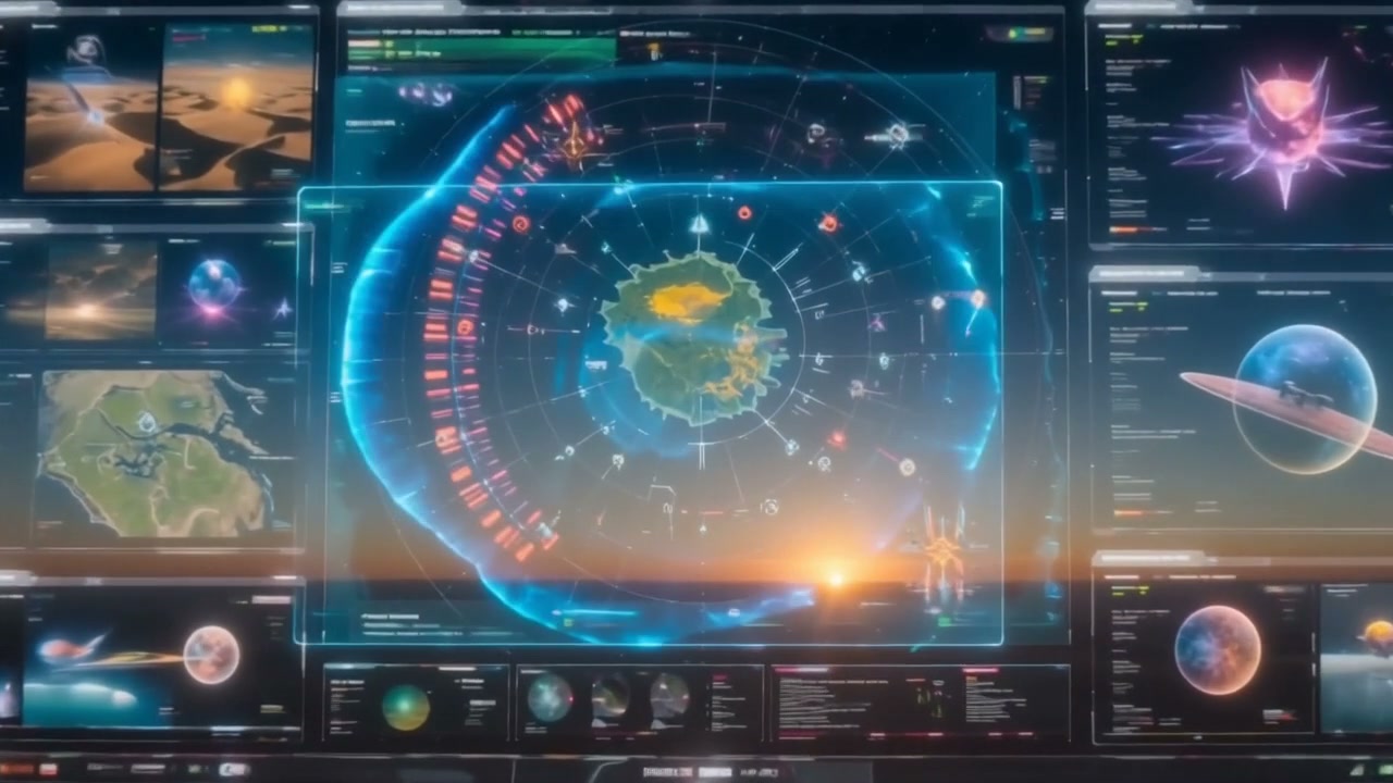 Futuristic holographic sci-fi control panel displaying a central planetary orbital map surrounded...