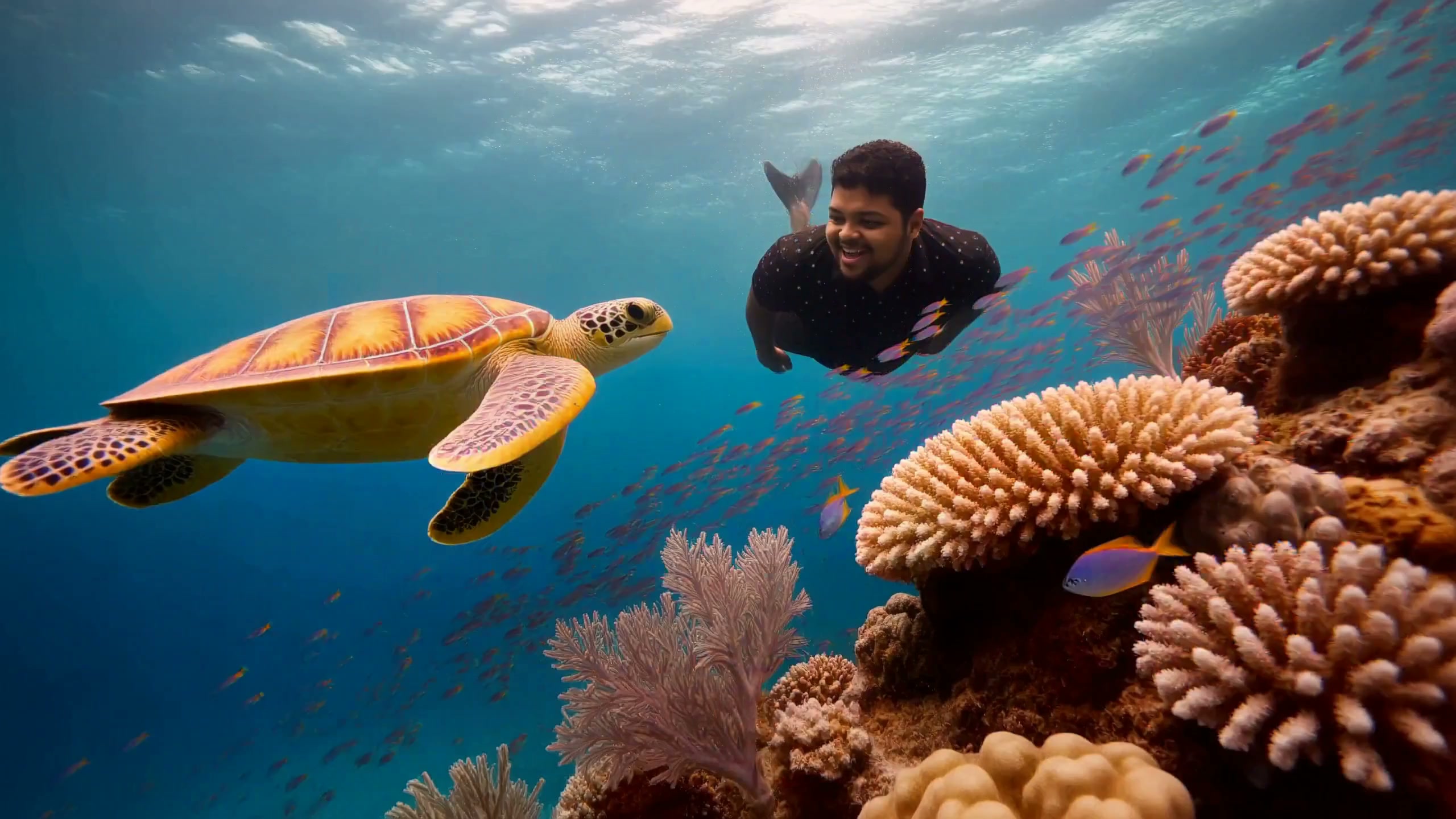 Smiling free diver swims face-to-face with a colorful sea turtle above a vibrant sunlit tropical ...
