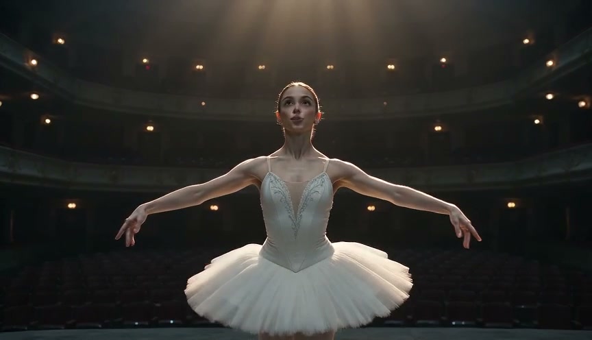 Ballerina in a white tutu holds a graceful outstretched pose under a golden spotlight on an empty...