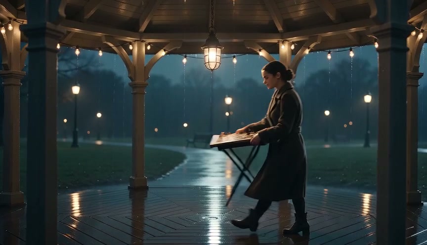 Woman carrying a chess table sets it down inside a warmly lit park gazebo on a rainy misty dusk e...
