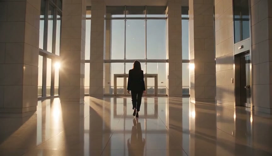 Silhouetted business professional walks across a sunlit sleek modern office lobby toward tall flo...