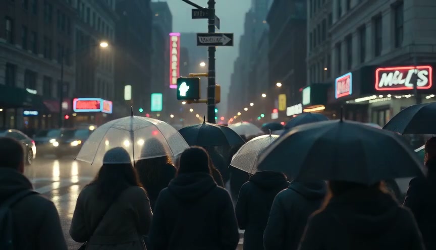 Crowd of pedestrians with umbrellas wait at a crosswalk on a neon-lit, rain-soaked New York City ...