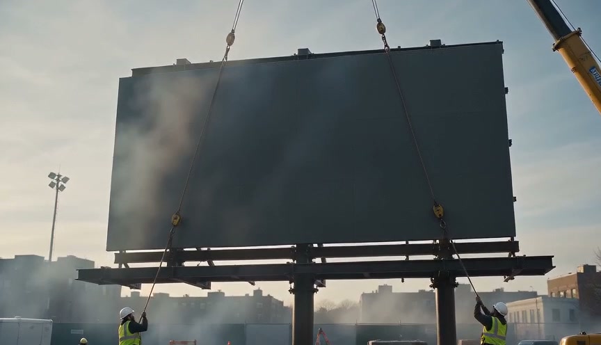 Construction workers guide a crane lifting a large billboard panel at a hazy urban work site