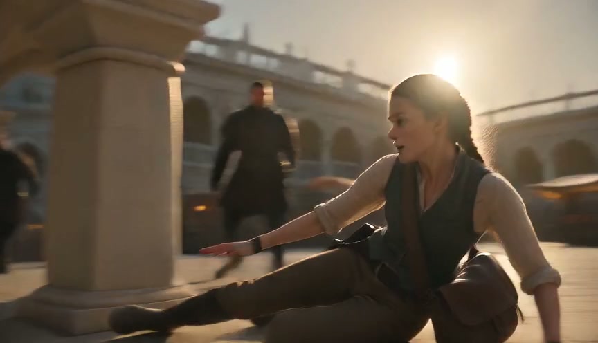 Female explorer catches herself on a sunlit stone plaza as a figure approaches behind her