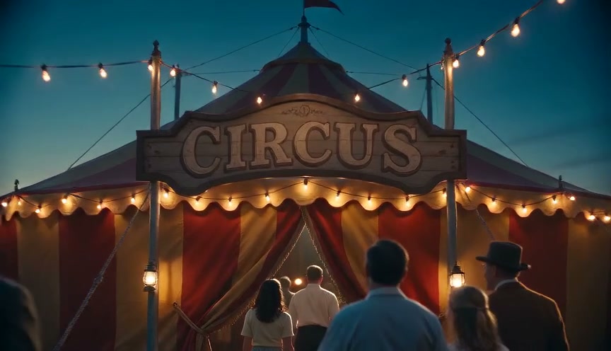 Guests approach a lit vintage striped circus tent entrance at blue hour twilight