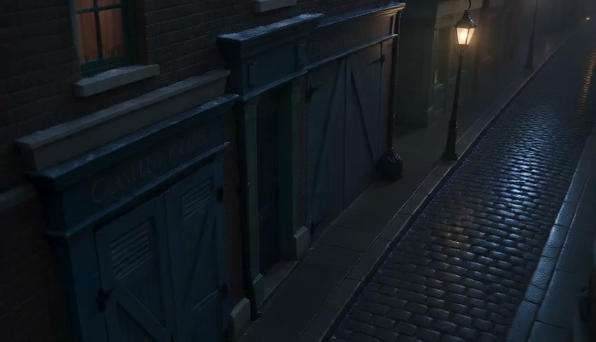 Misty rainy night view of a sloped vintage cobblestone alley lined with brick storefronts and a g...