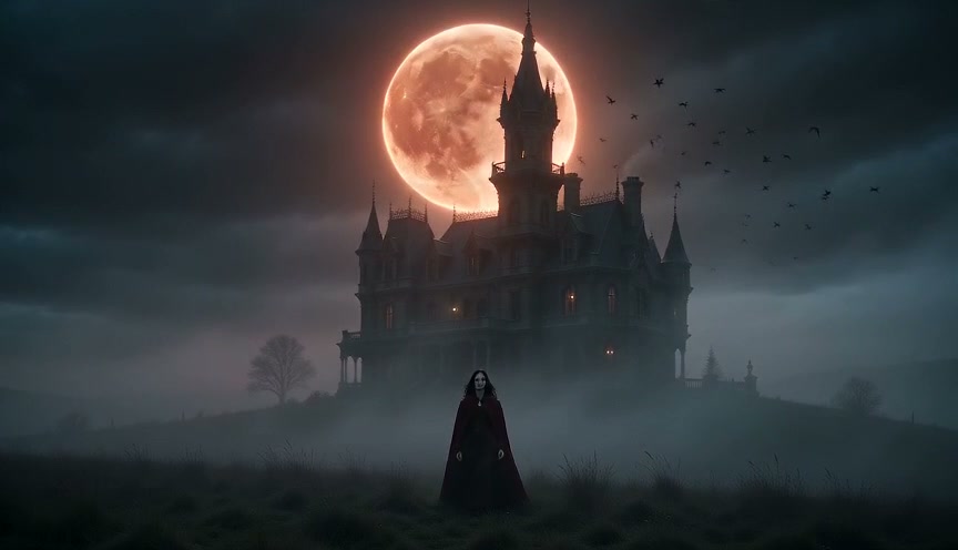 Vampire in a dark cloak stands before a gothic haunted mansion under a glowing red blood moon