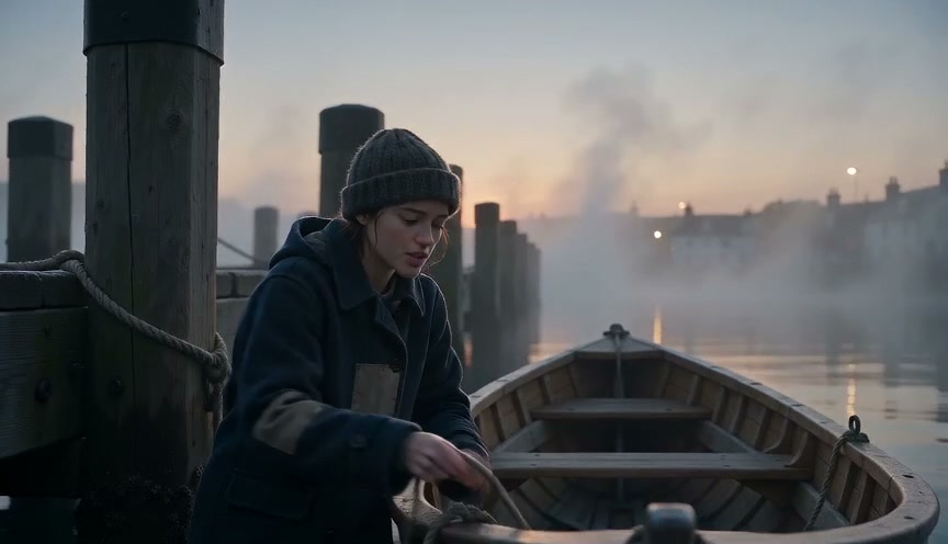 Woman in a knit beanie ties a wooden rowboat to a foggy harbor dock at dawn