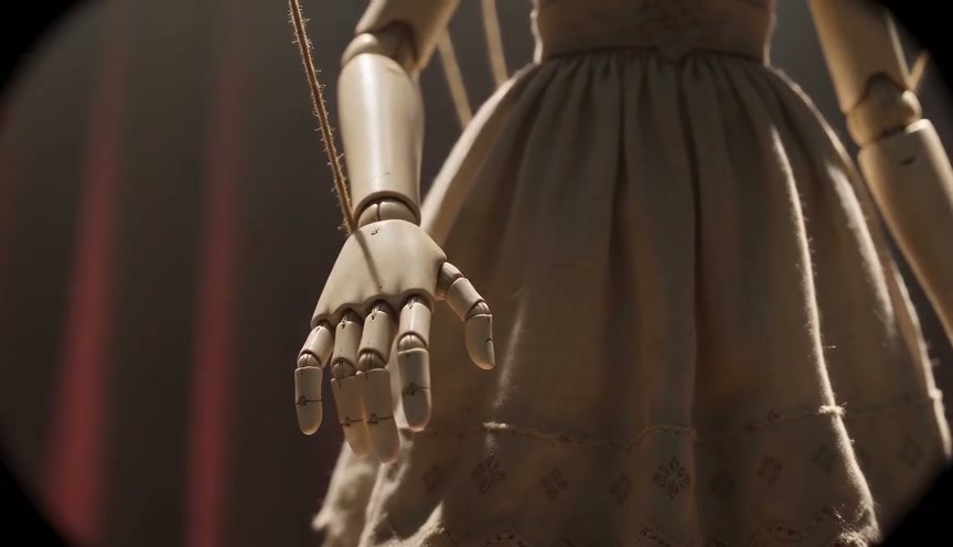 Close-up of a jointed wooden marionette hand hanging from puppet control strings under dim stage ...