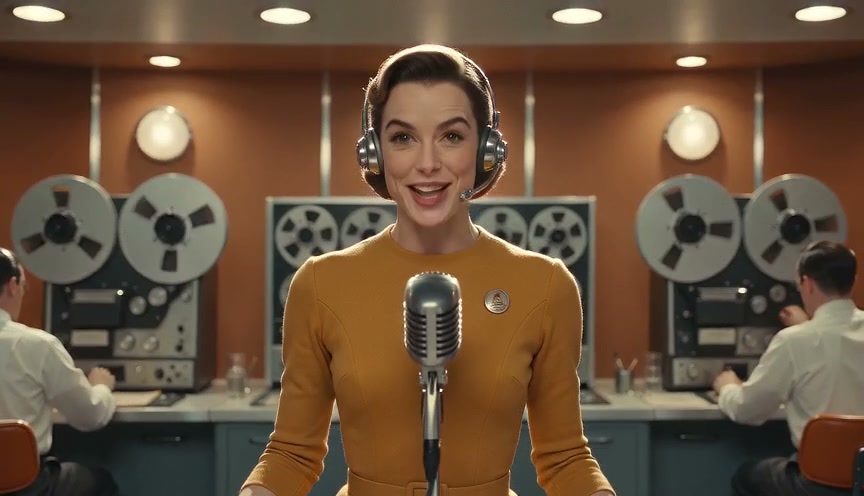 Female announcer in vintage headphones speaks into a retro microphone in a mid-century broadcast ...