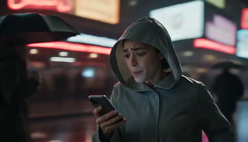 Concerned woman in a hooded raincoat checks her smartphone on a rainy neon-lit city street at night