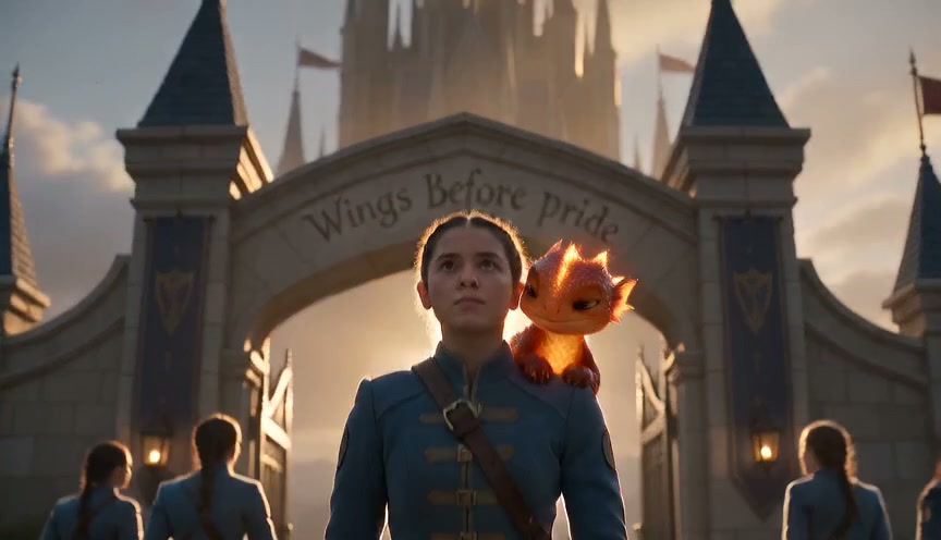 Young cadet with a tiny glowing orange baby dragon perched on her shoulder stands before a magica...