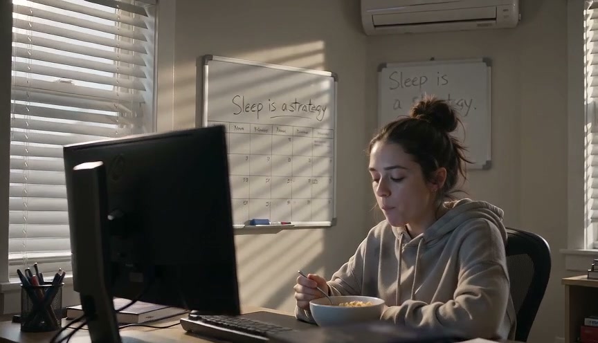 Young woman in a soft hoodie eats cereal at a sunlit home office desk below "Sleep is a strategy"...
