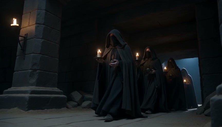 Line of hooded robed cultists holding lit candles walks through a dark stone temple corridor