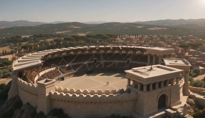 Aerial view of a grand ancient stone amphitheater overlooking a historic walled city and sunlit r...