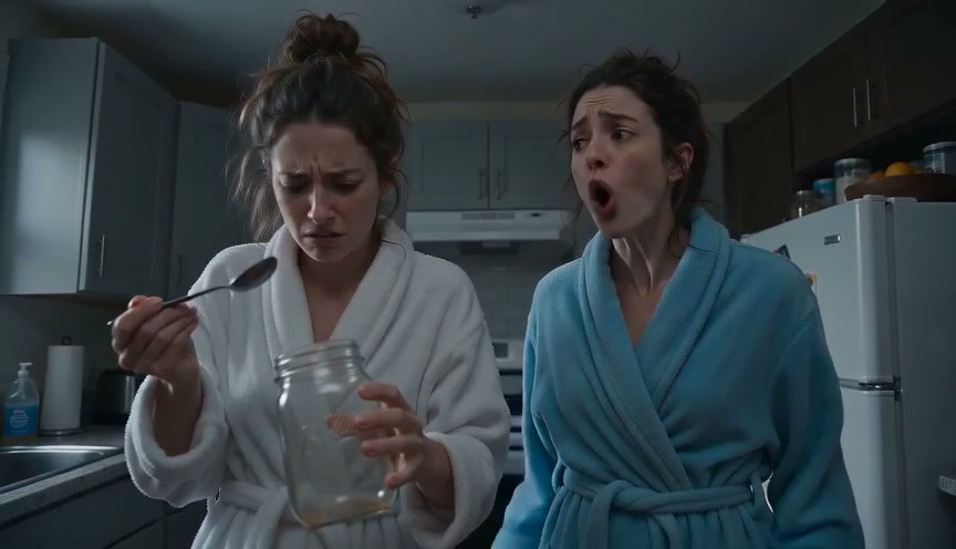 Two women in bathrobes react with confused shock in a home kitchen, one holding a mason jar and s...