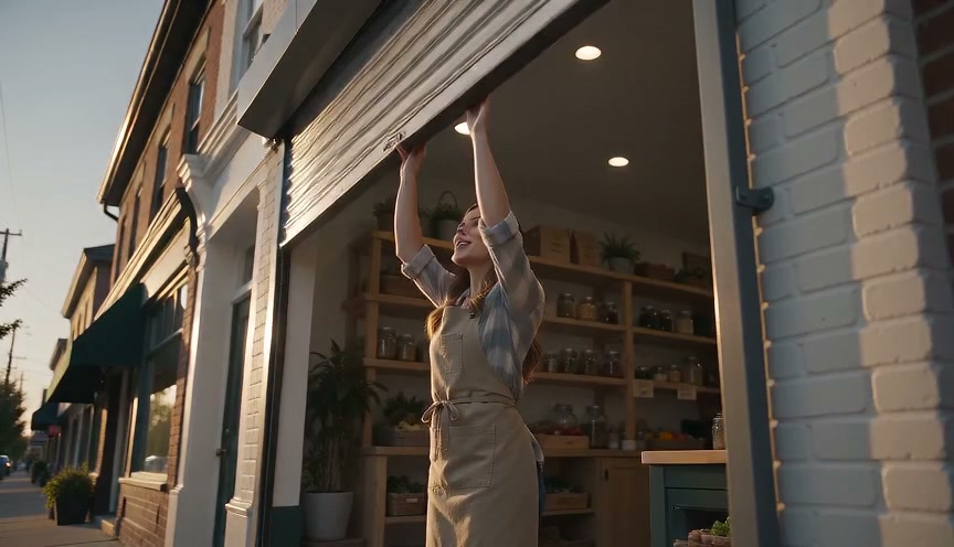 Female small business owner lifting storefront shutter to open her neighborhood shop at golden hour
