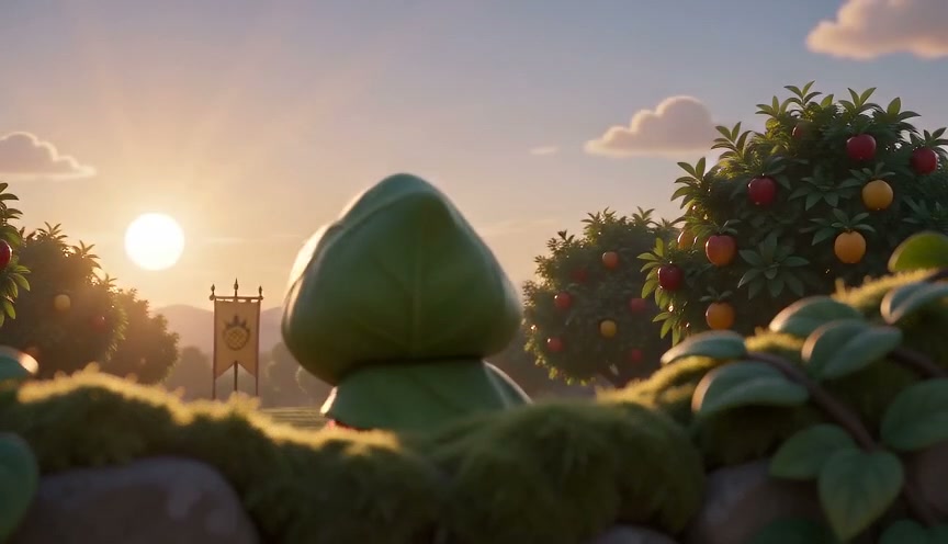 Green hooded animated character overlooks a sunlit fruit orchard at golden sunset