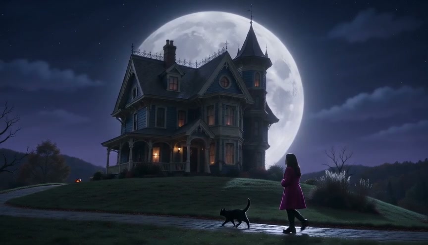 Woman in a magenta coat walks with a black cat toward a Victorian mansion beneath a giant full moon