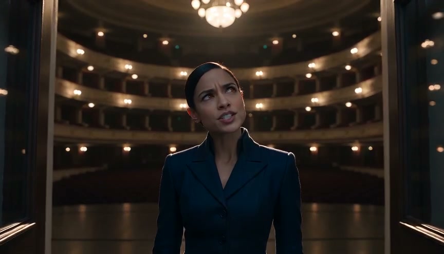 Woman in a dark tailored blazer looks upward while standing inside an ornate empty opera house