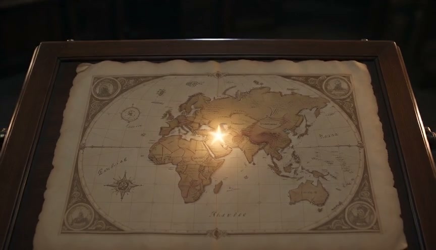 Framed vintage parchment world map with a glowing star marking a location across Eurasia and Africa