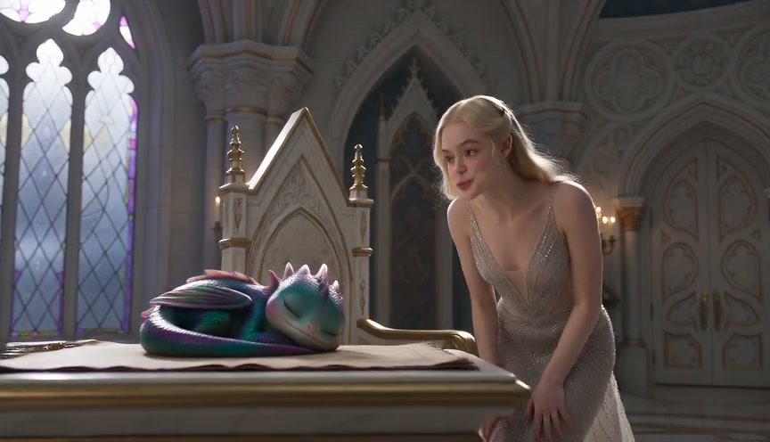 Blonde woman in a shimmering gown leans to look at a sleeping tiny pastel dragon on a castle table
