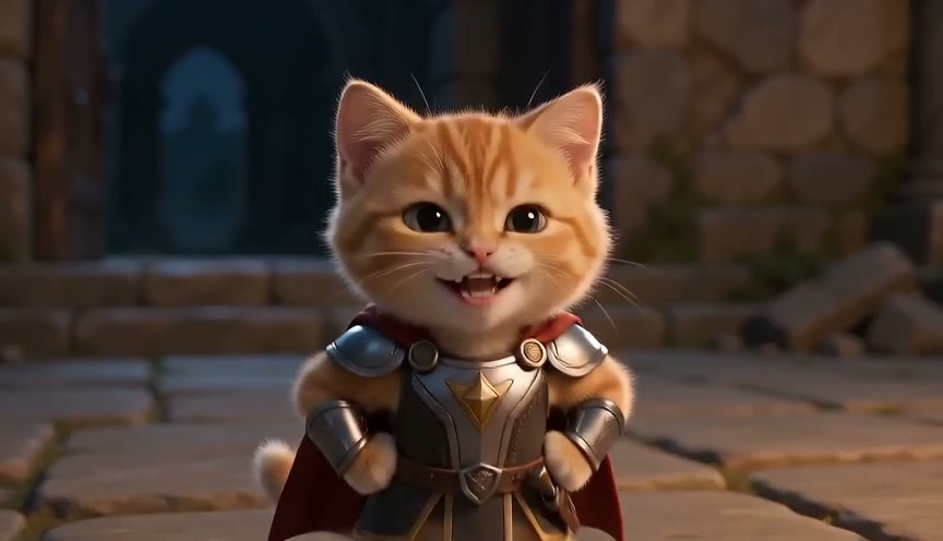 Smiling fluffy orange tabby kitten wearing knight armor stands in a stone castle courtyard