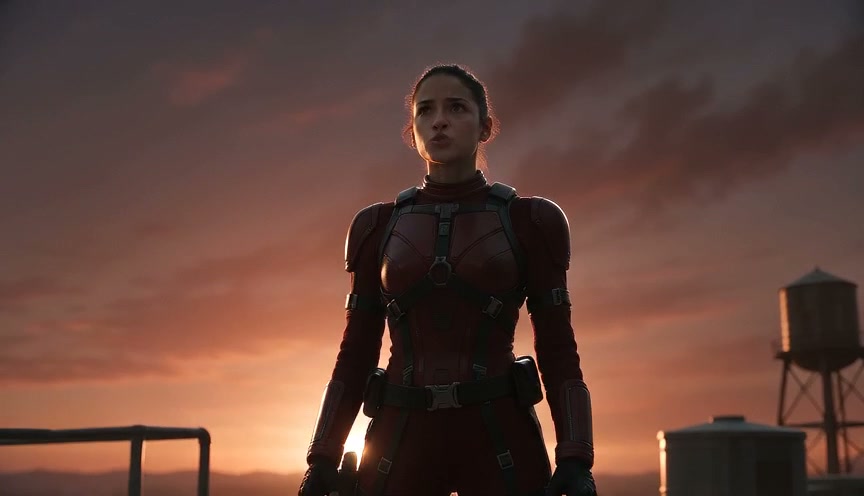 Female hero in a red armored tactical suit stands on a city rooftop at dramatic sunset