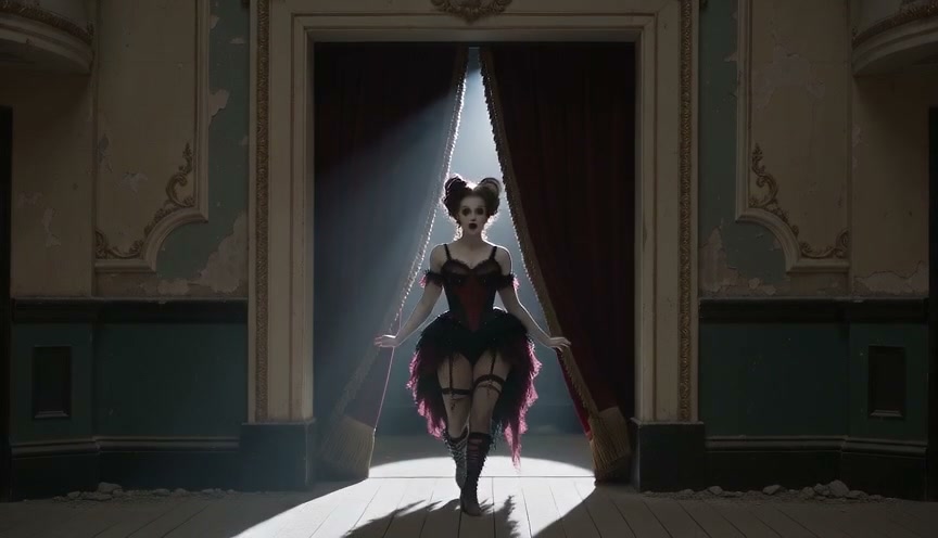 Gothic burlesque performer walks through parted red curtains into a dramatic sunbeam in a faded o...