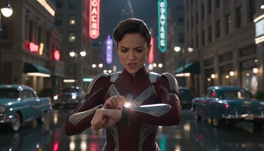 Female superhero in maroon armored suit activates glowing wrist device on rainy neon 1950s city s...