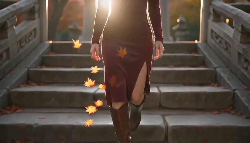 Woman in a burgundy slit dress walks down stone stairs as glowing maple leaves fall around her in...