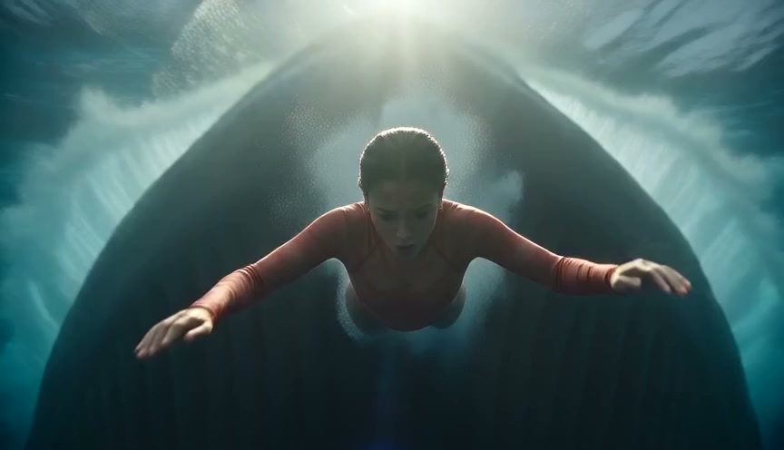 Woman in a long sleeve swim top glides underwater beneath a curling ocean wave as sunlight filter...
