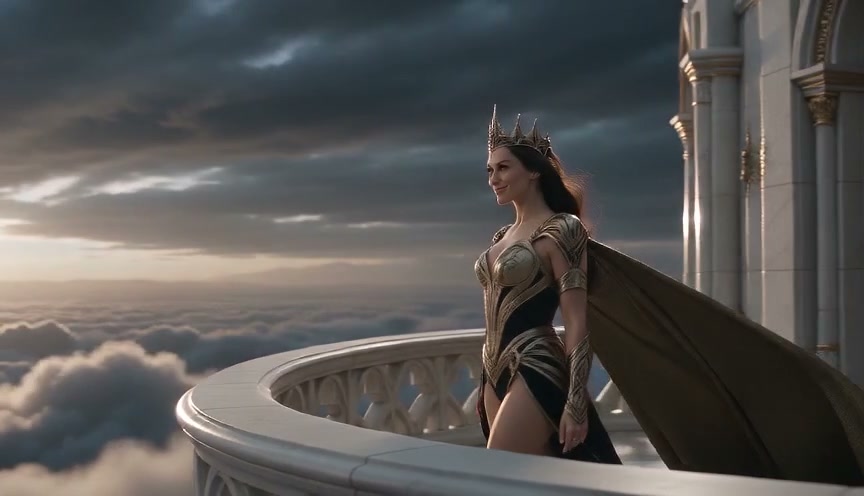 Regal fantasy queen with a spiked crown stands on a high marble palace balcony above the clouds