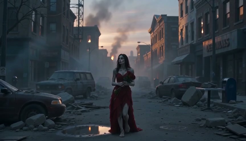 Skeletal undead woman in a red gown holding roses stands in a ruined post-apocalyptic city street...