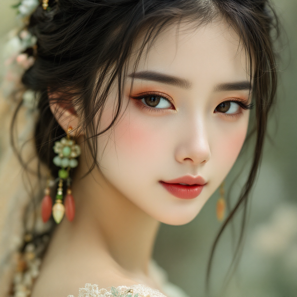 Close-up portrait of an Asian beauty with peach makeup and ornate floral earrings