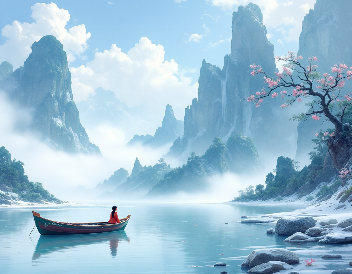 A lone person in a red boat drifts on a calm lake amid misty, towering mountains and a blossoming pink tree.