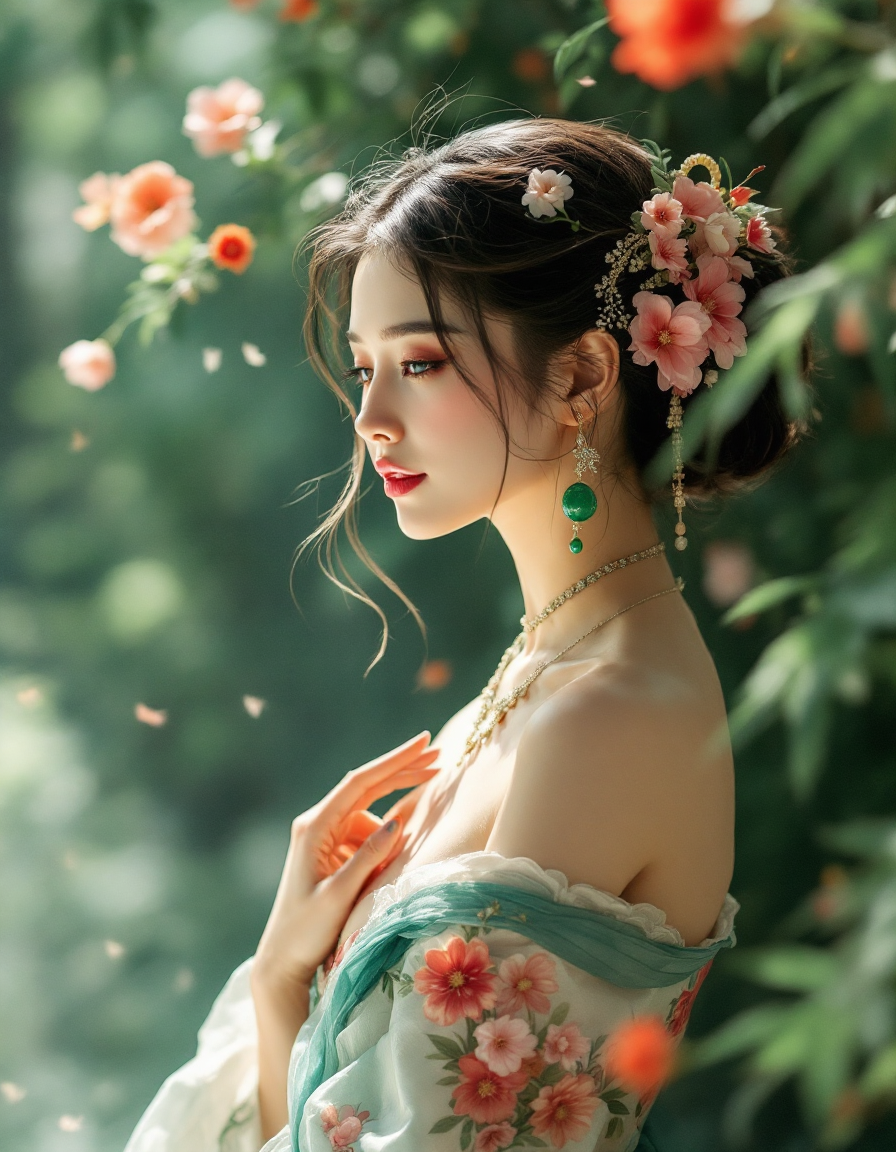 Side-profile of a woman in a floral kimono-inspired outfit with pink blossoms in her hair, set in a soft garden backdrop.