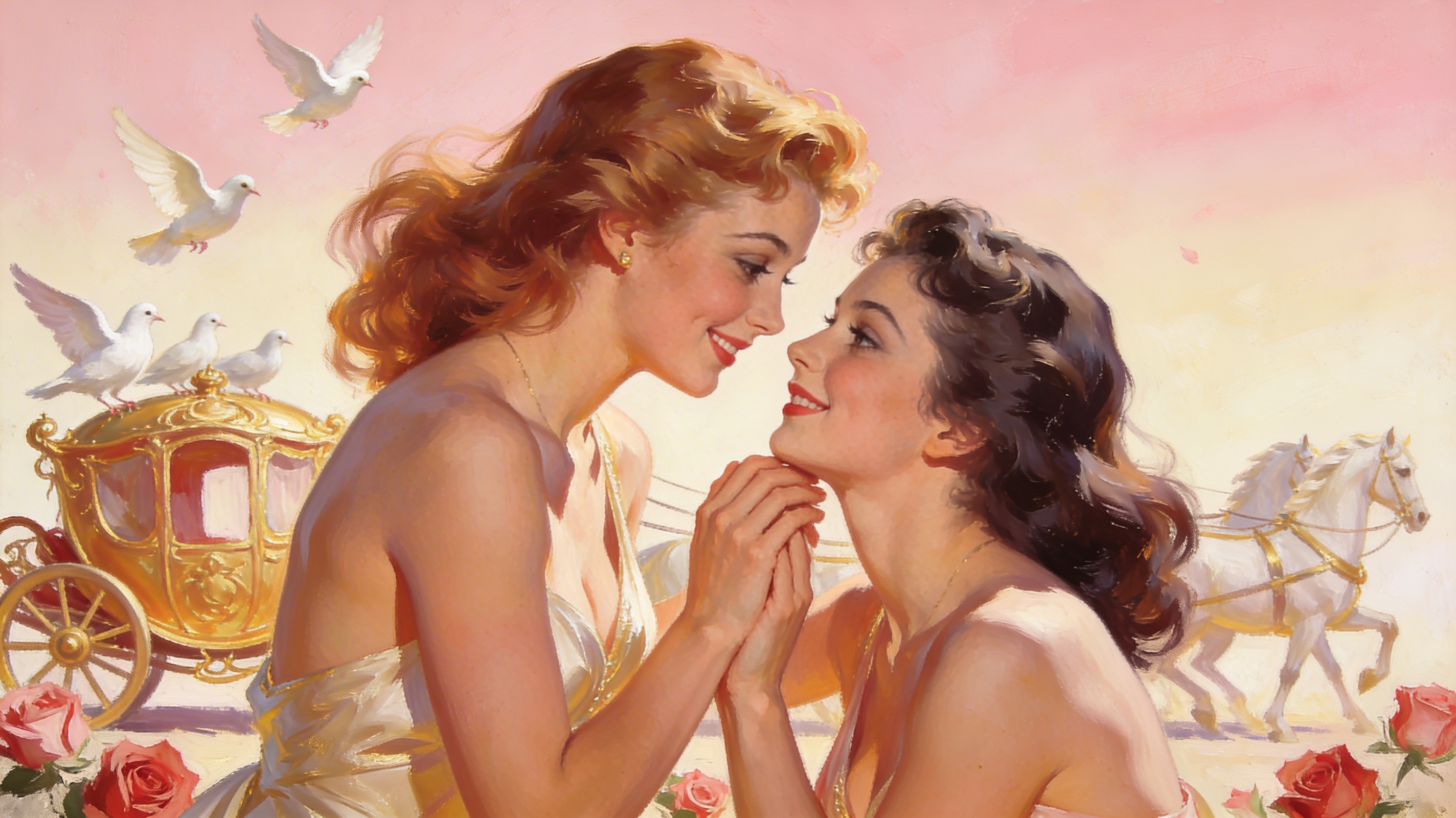 Vintage romantic illustration of two women kissing, with doves, a golden carriage, and roses at sunset.