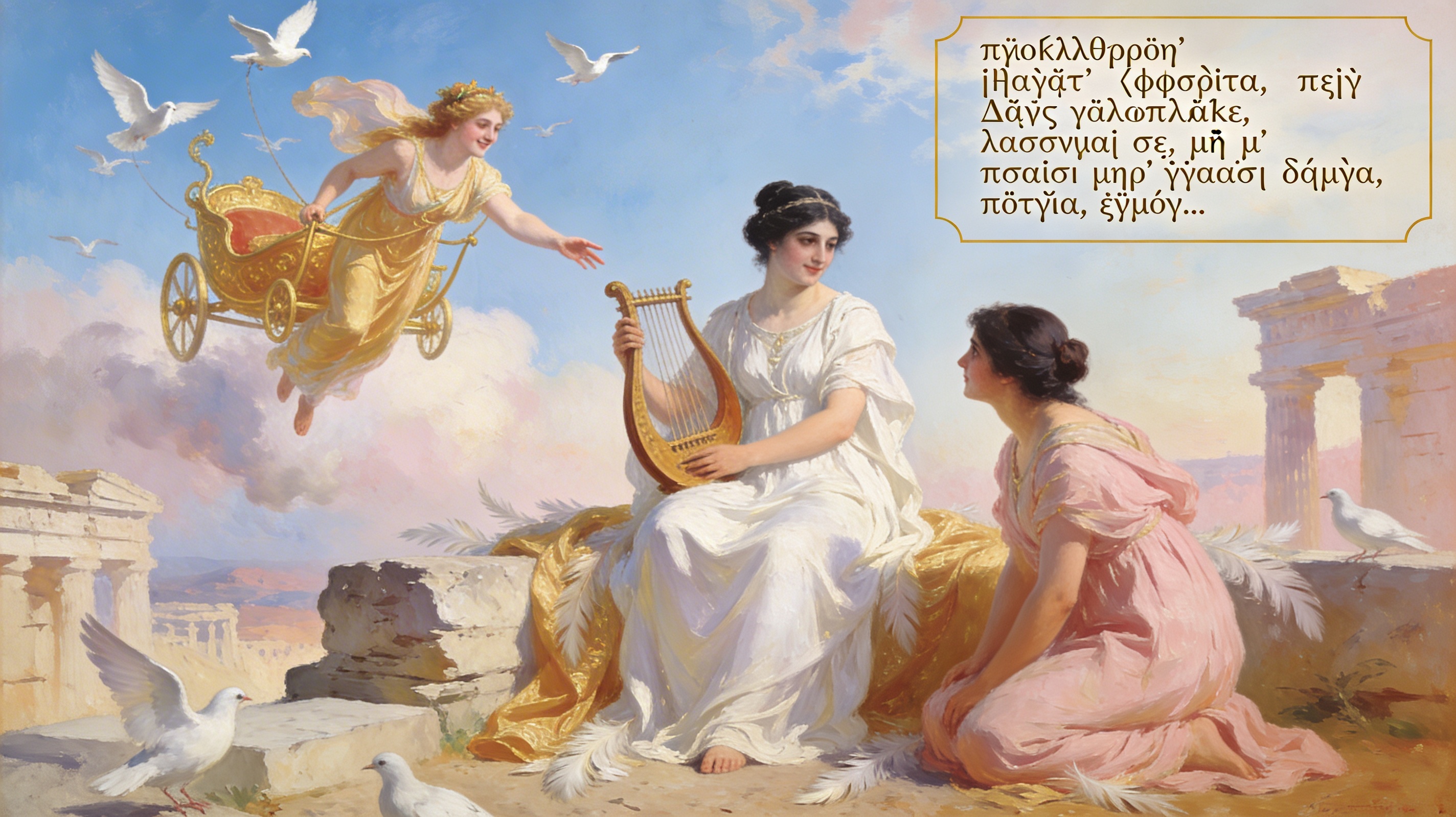Three women with a harp beside ancient ruins, angels and doves in a pastel sky.