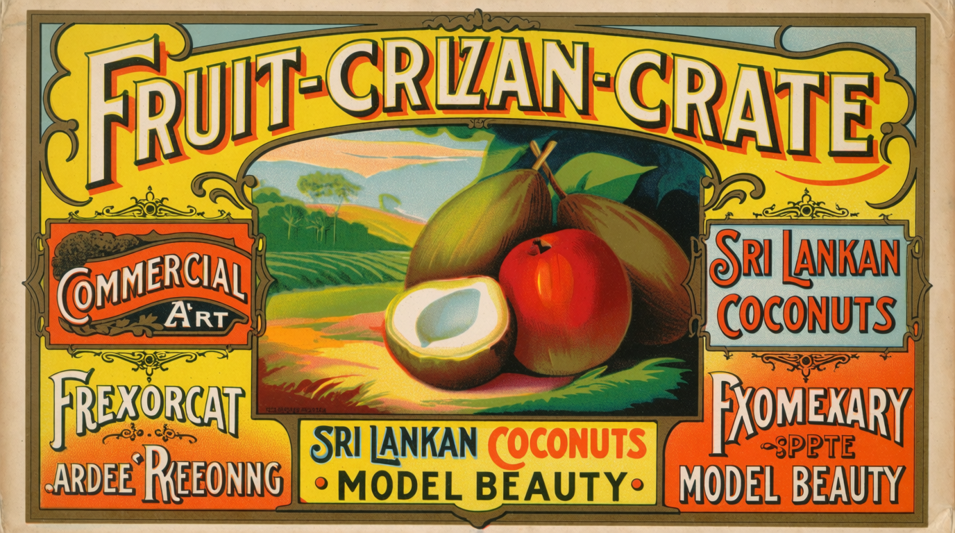 Vintage fruit crate label featuring colorful fruit artwork and ornate typography.