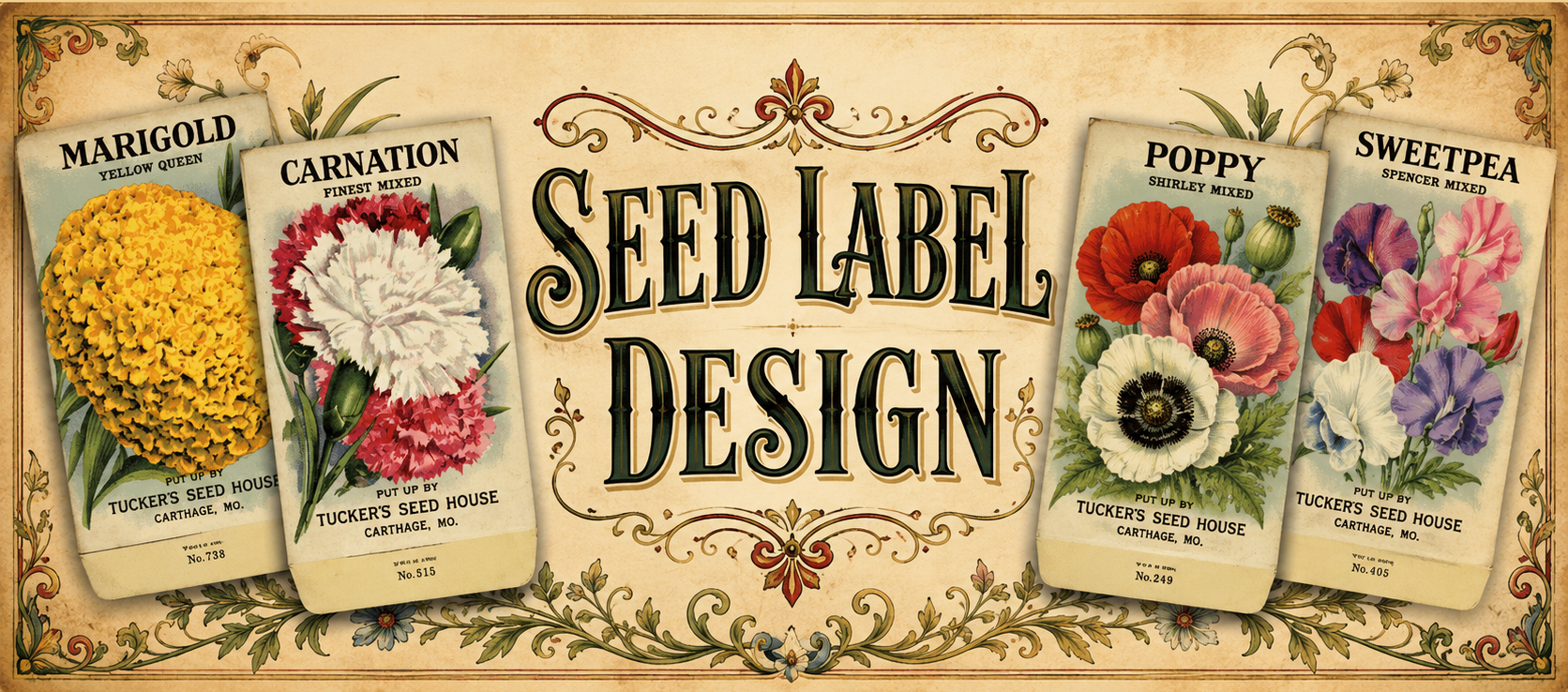 Vintage seed packet design with colorful flower illustrations and ornate border.