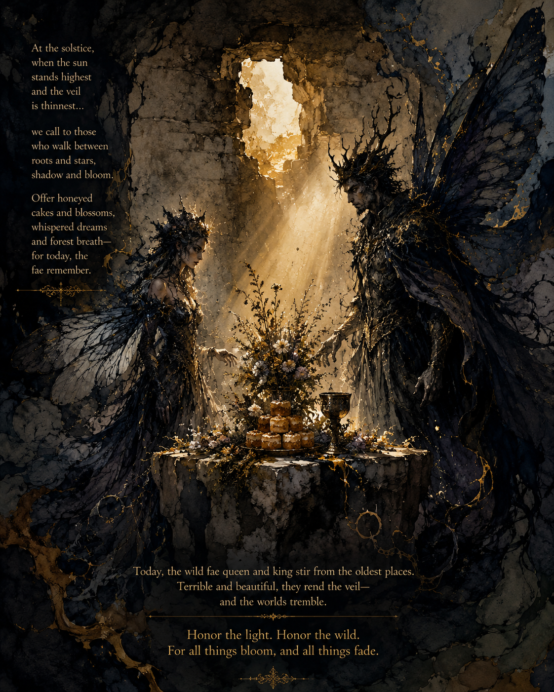 Gothic fae king and queen with dark wings gather at a stone altar in a ruined chamber, with solstice fae ritual text overlay.