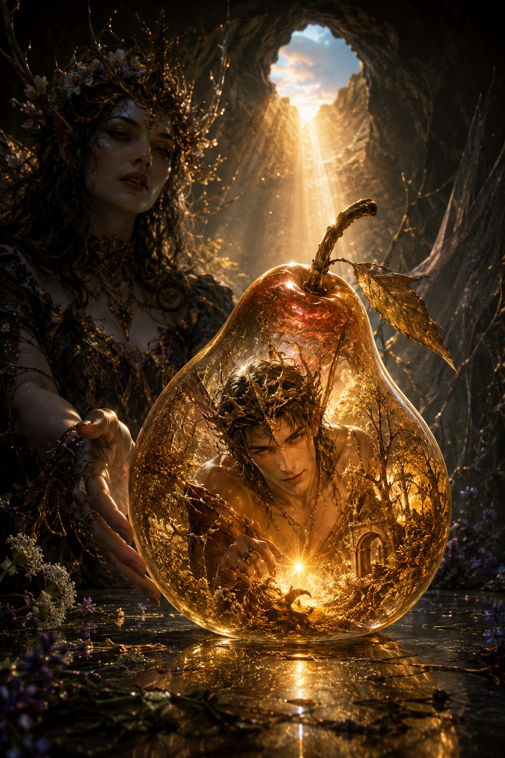 A female forest elf reaches toward a male elf trapped inside a glowing golden glass pear, lit by sunbeams in a shadowy cave.