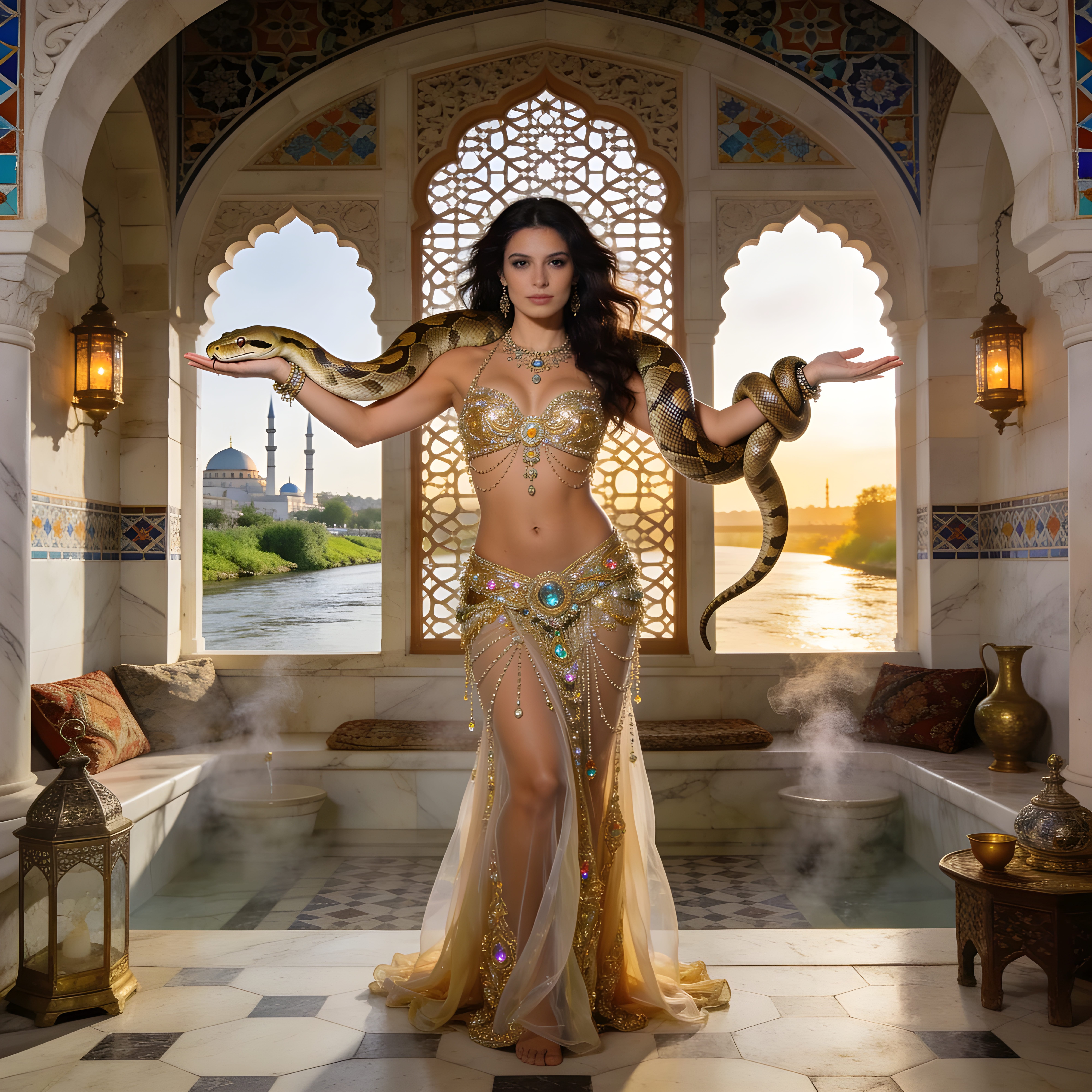 Woman in bejeweled gold belly dance costume holds a large python inside an ornate Moorish palace at golden sunset
