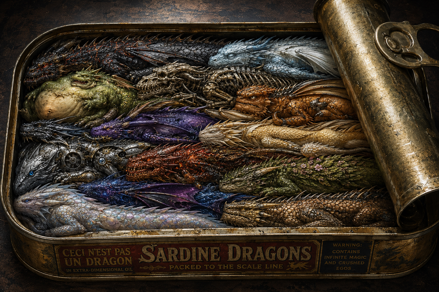 Opened vintage sardine tin humorously labeled Sardine Dragons, packed full of diverse tiny mythical fantasy dragons.